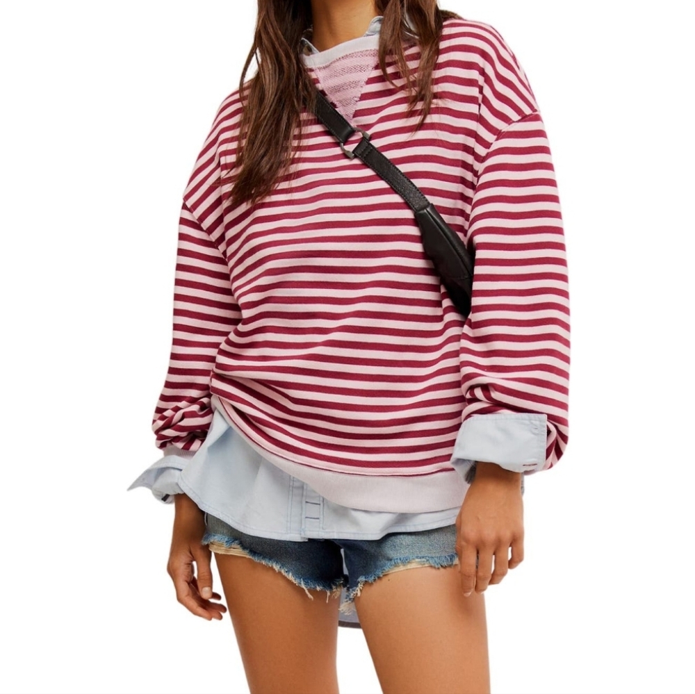Free People Classic Striped Oversized Raspberry Medium NWT$98 Retired (Last One)